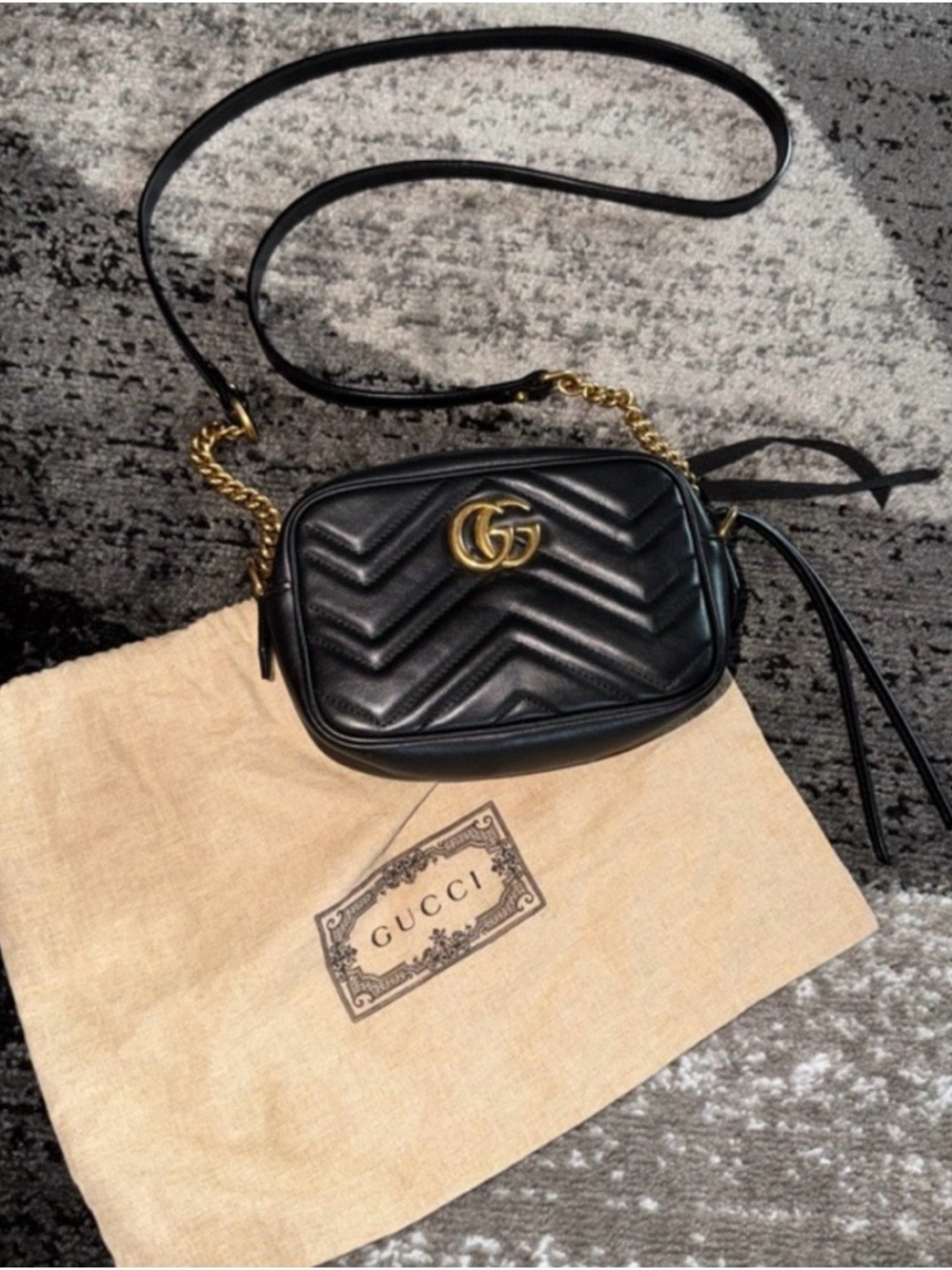 Gucci Black Chevron Quilted Leather Crossbody with Gold Double G